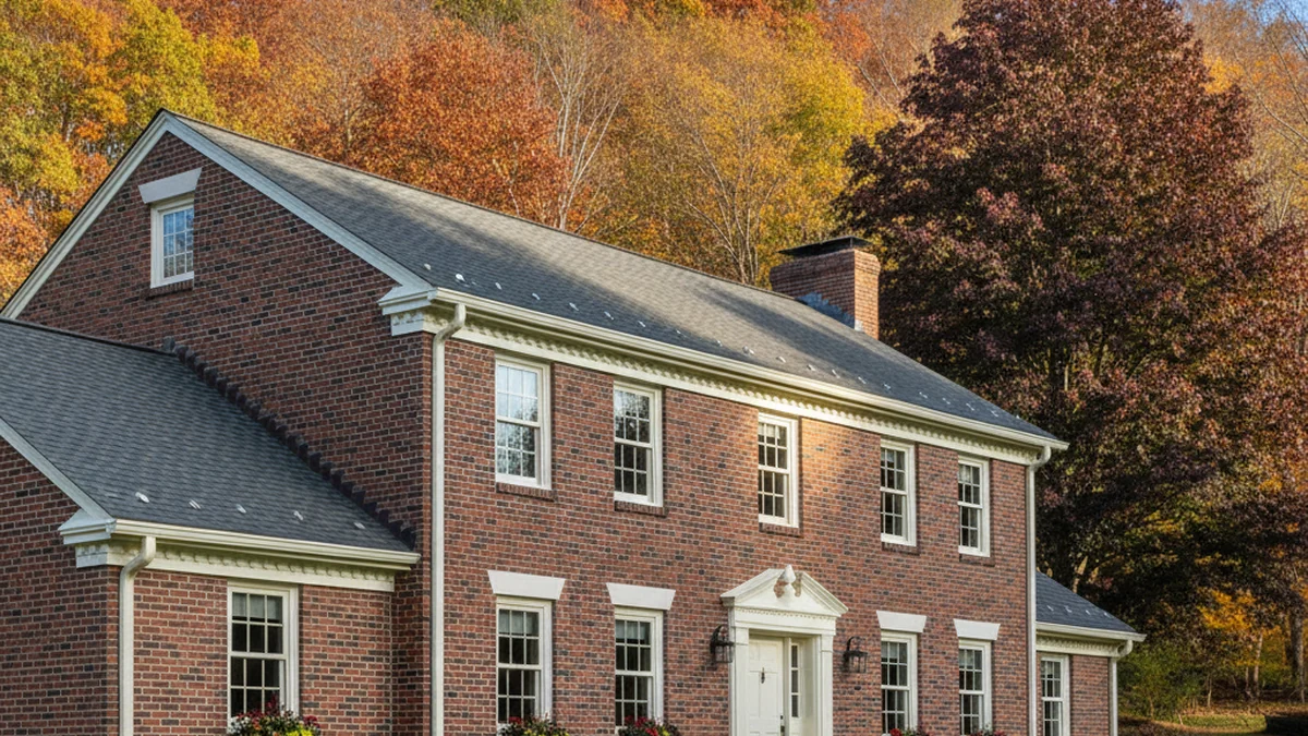 Completed seamless gutter installation system Lawrence Massachusetts Essex County Merrimack Valley colonial home Connor