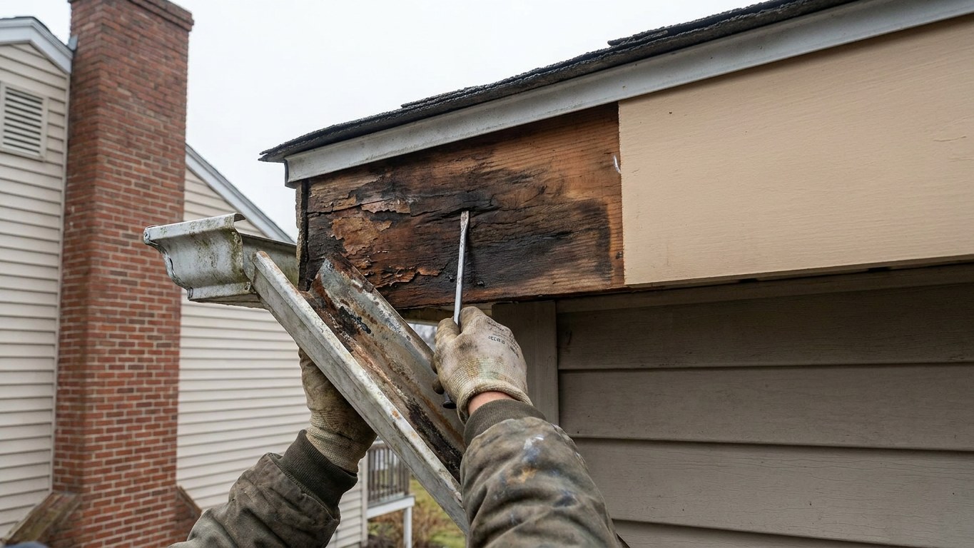 Fascia board assessment before gutter installation in Lawrence Massachusetts Essex County ice dam rot check Merrimack Valley colonial