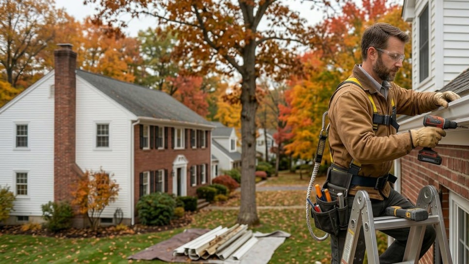 Professional seamless gutter installation on a colonial home in Lawrence Massachusetts Merrimack Valley Essex County