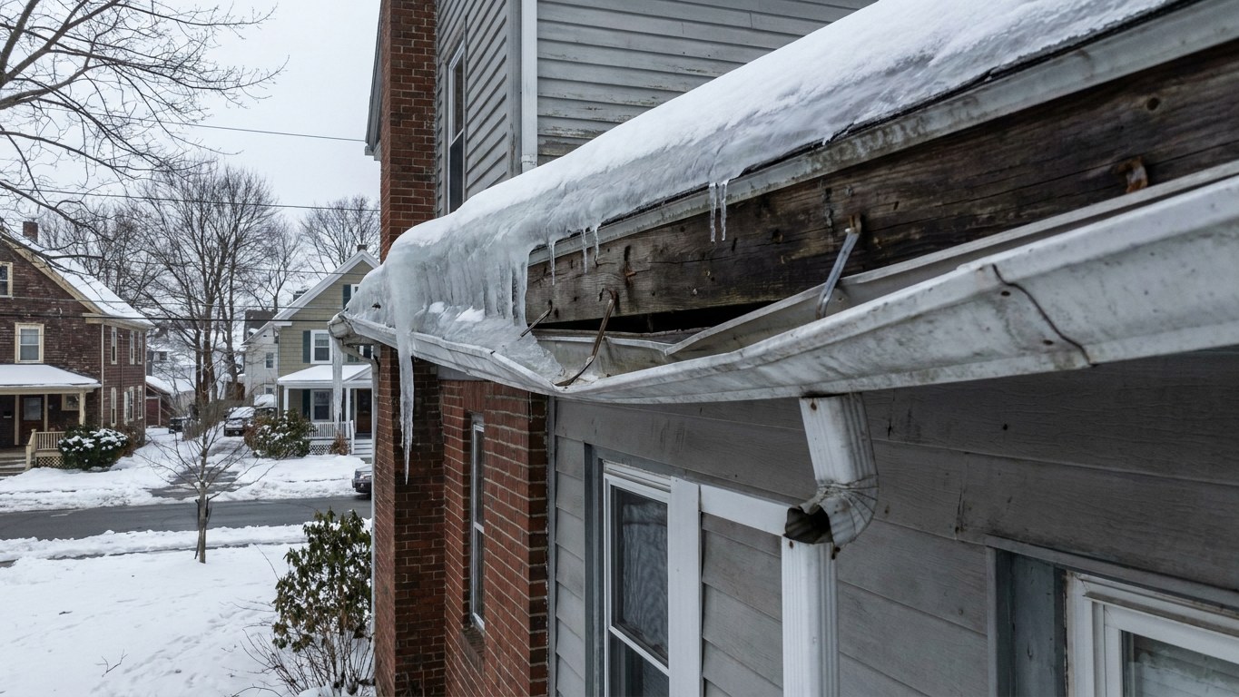 Ice dam gutter damage on a colonial home in Lawrence Massachusetts Essex County Merrimack Valley gutter pulling from fascia winter weight