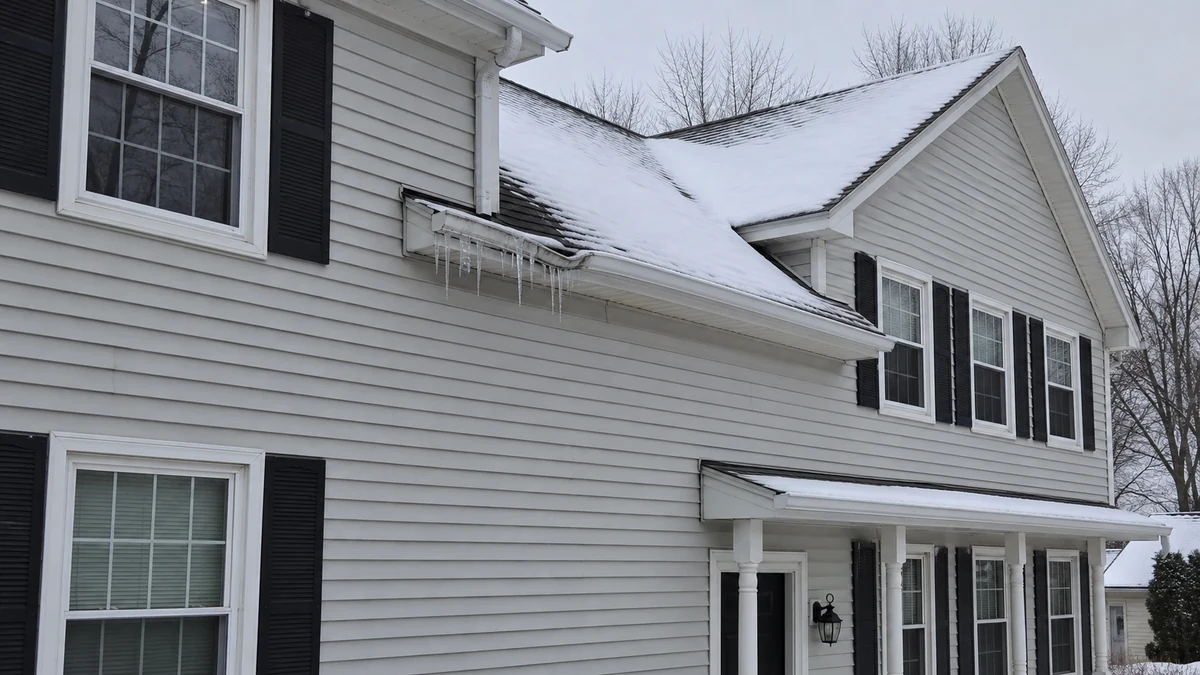 Ice dam damage pulling gutter from fascia Lawrence Massachusetts Essex County Merrimack Valley winter gutter failure
